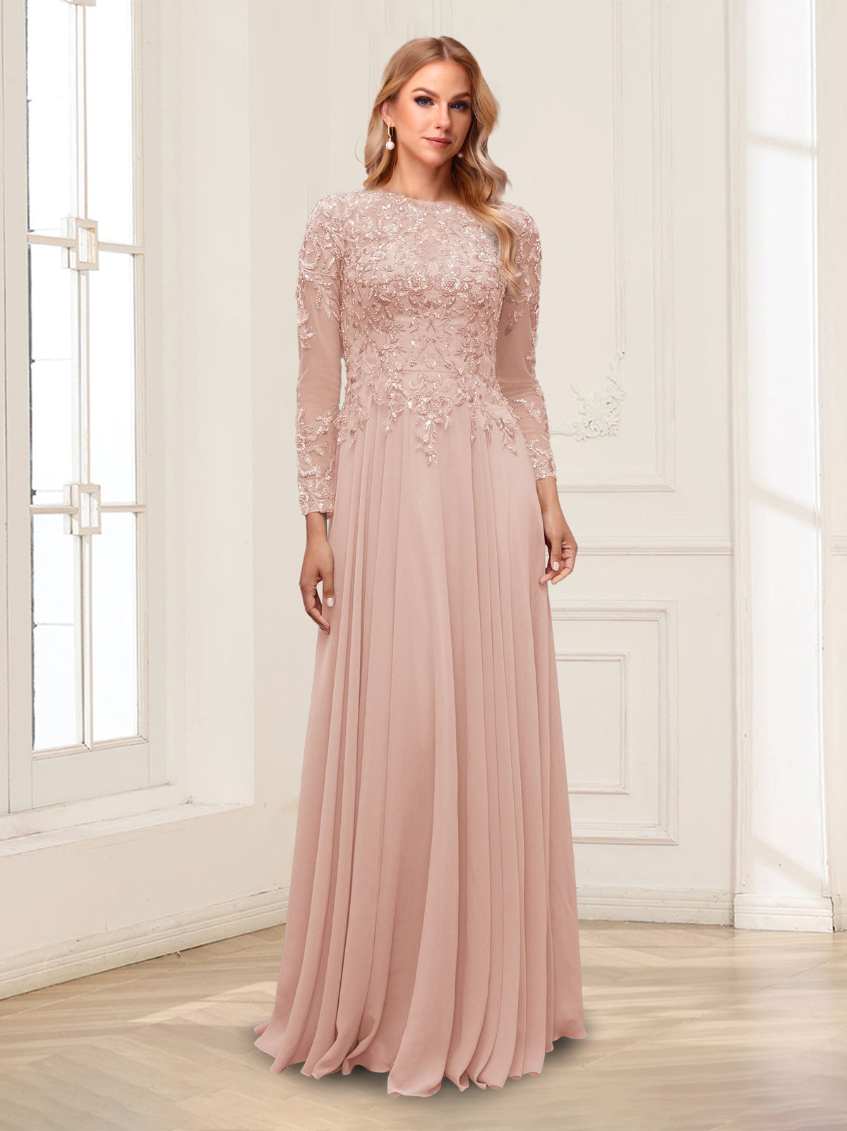Lorelei blush front view mother of the bride dress