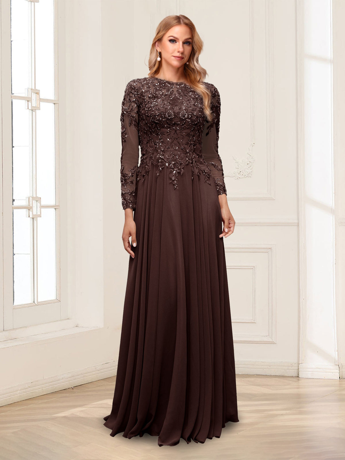 Lorelei brown front view mother of the bride dress