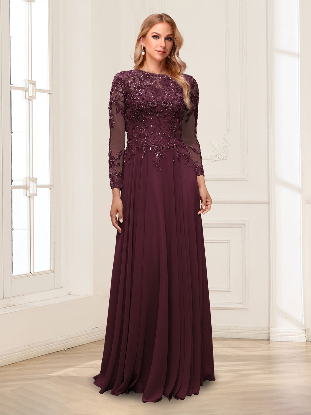 Ophelia Rue Burgundy front view mother of the bride dress