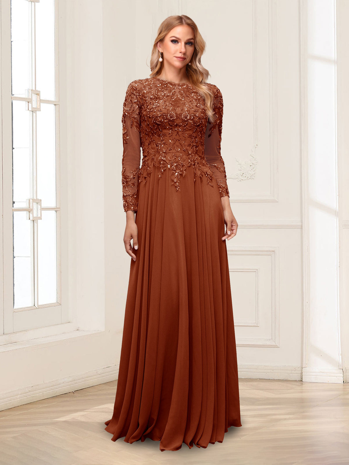 Ophelia Rue Burnt Orange front view mother of the bride dress