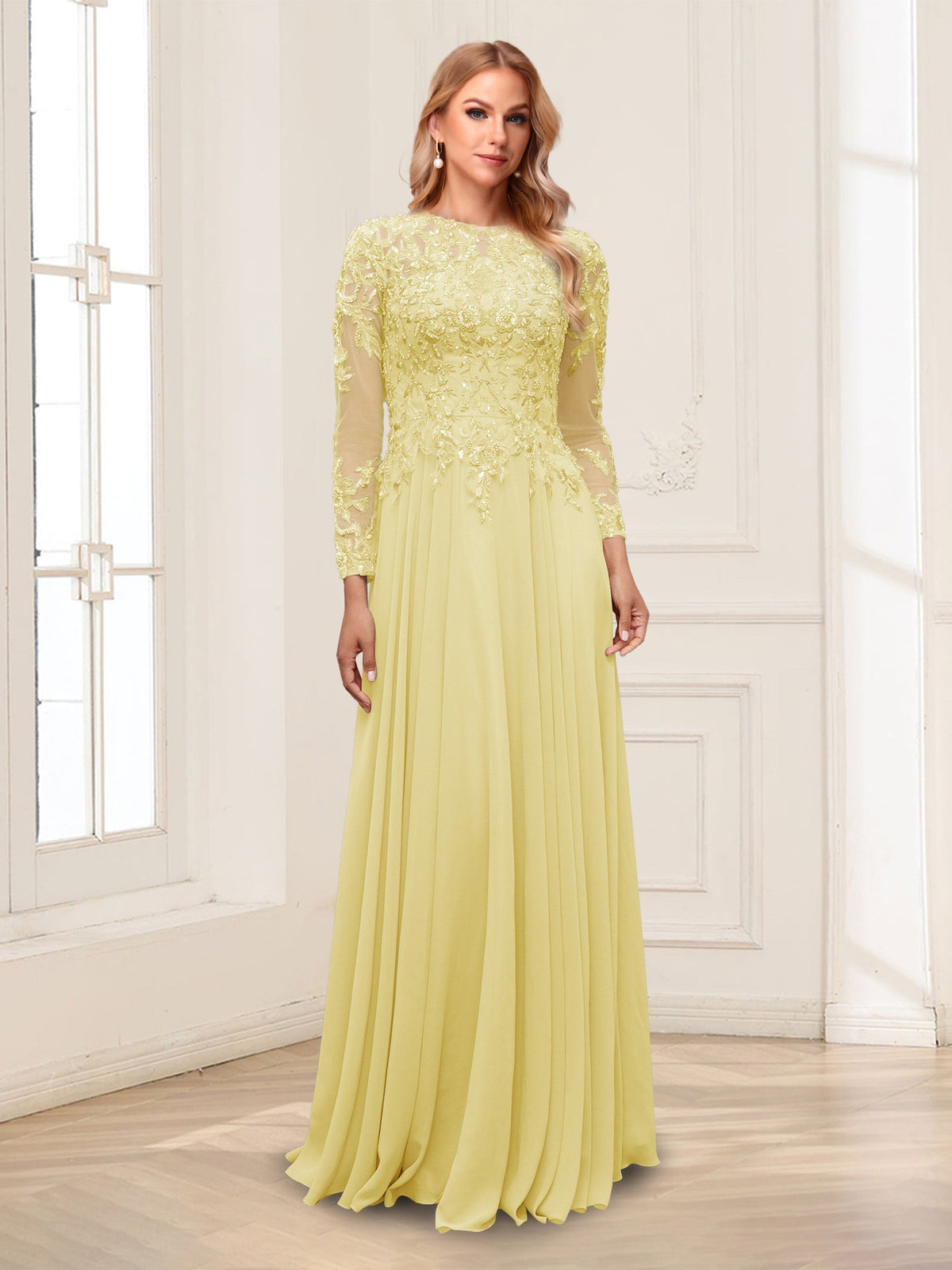 Lorelei daffodil front view mother of the bride dress