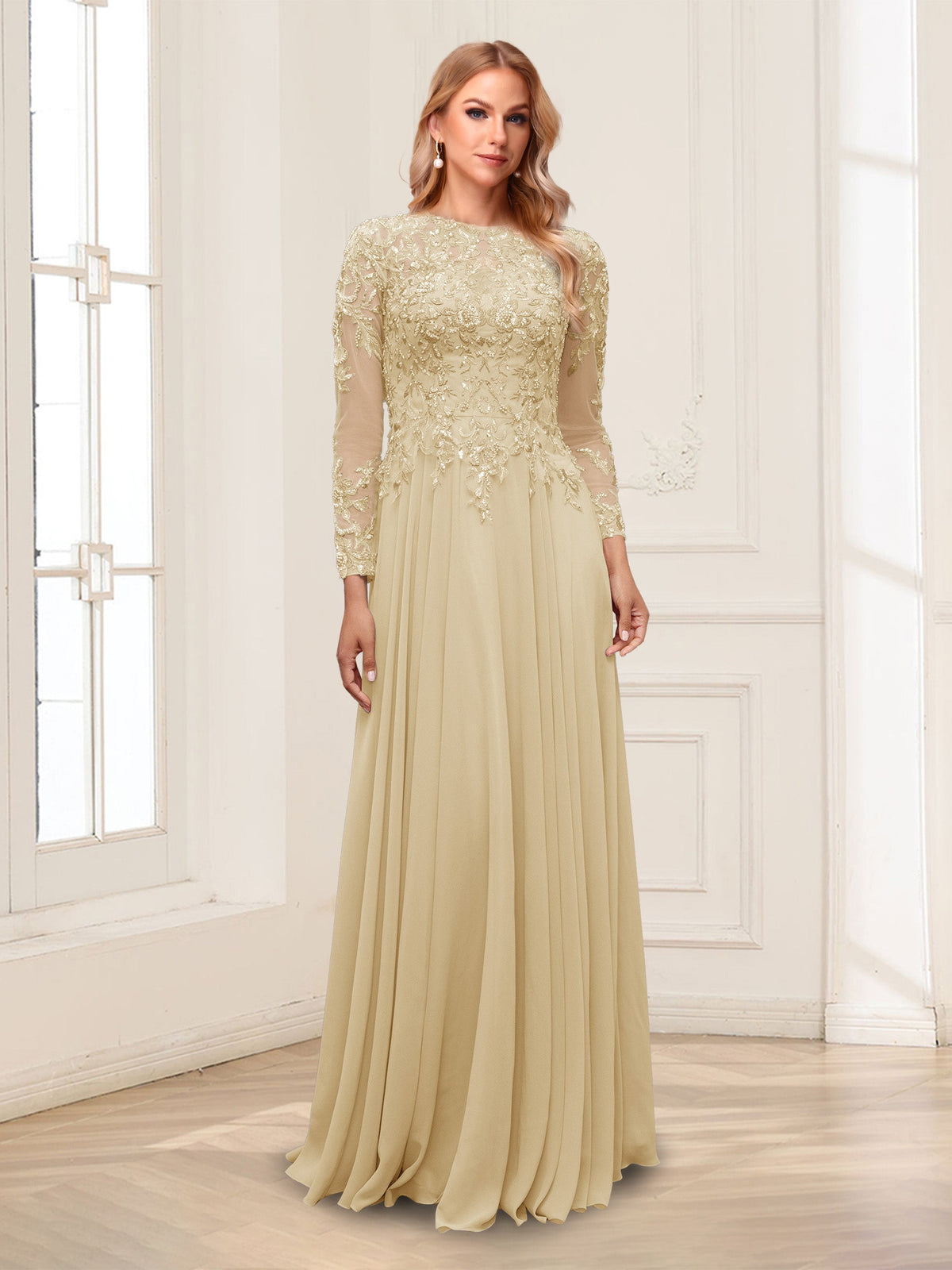 Ophelia Rue Champagne front view mother of the bride dress
