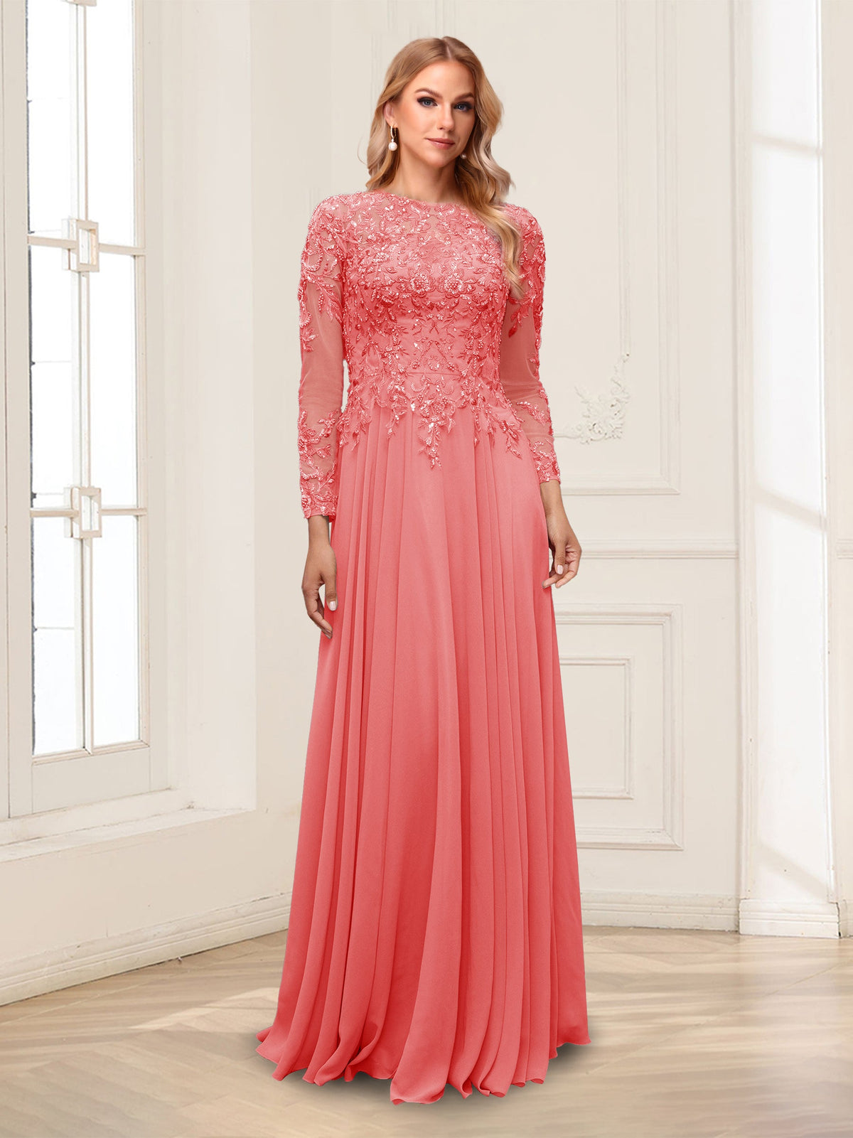 Lorelei coral front view mother of the bride dress