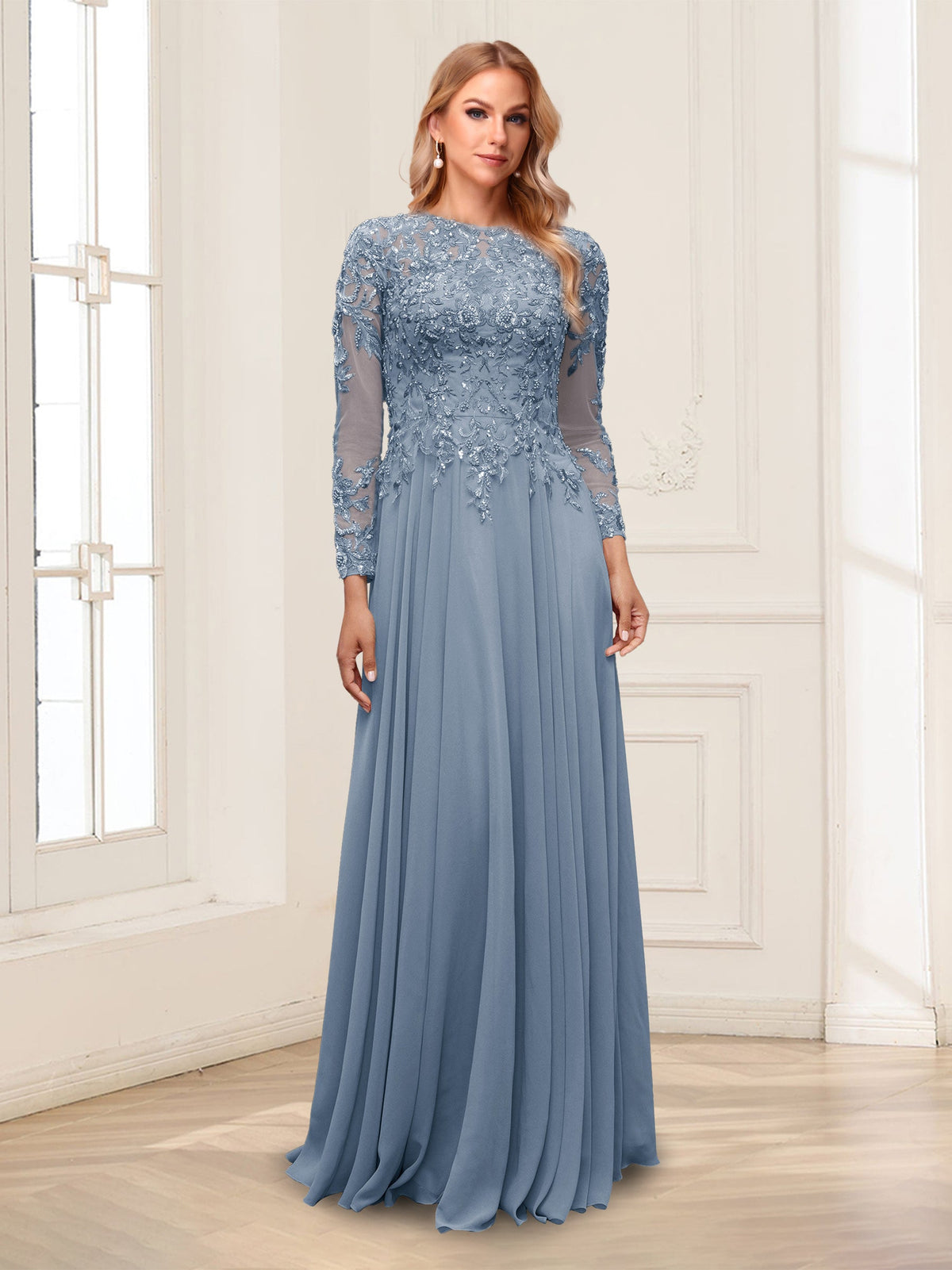 Lorelei dusty blue front view mother of the bride dress