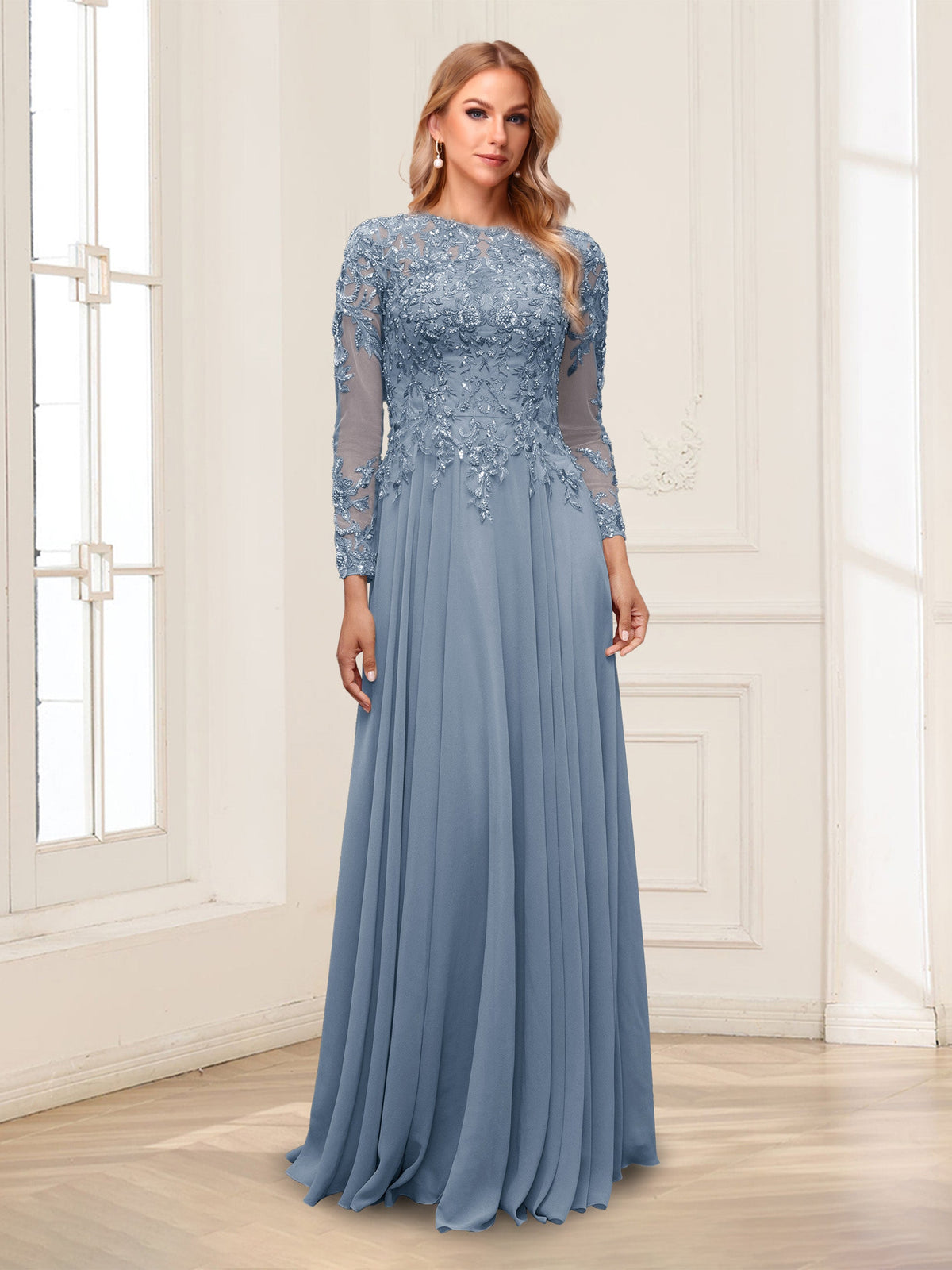 Ophelia Rue Dusty Blue front view mother of the bride dress