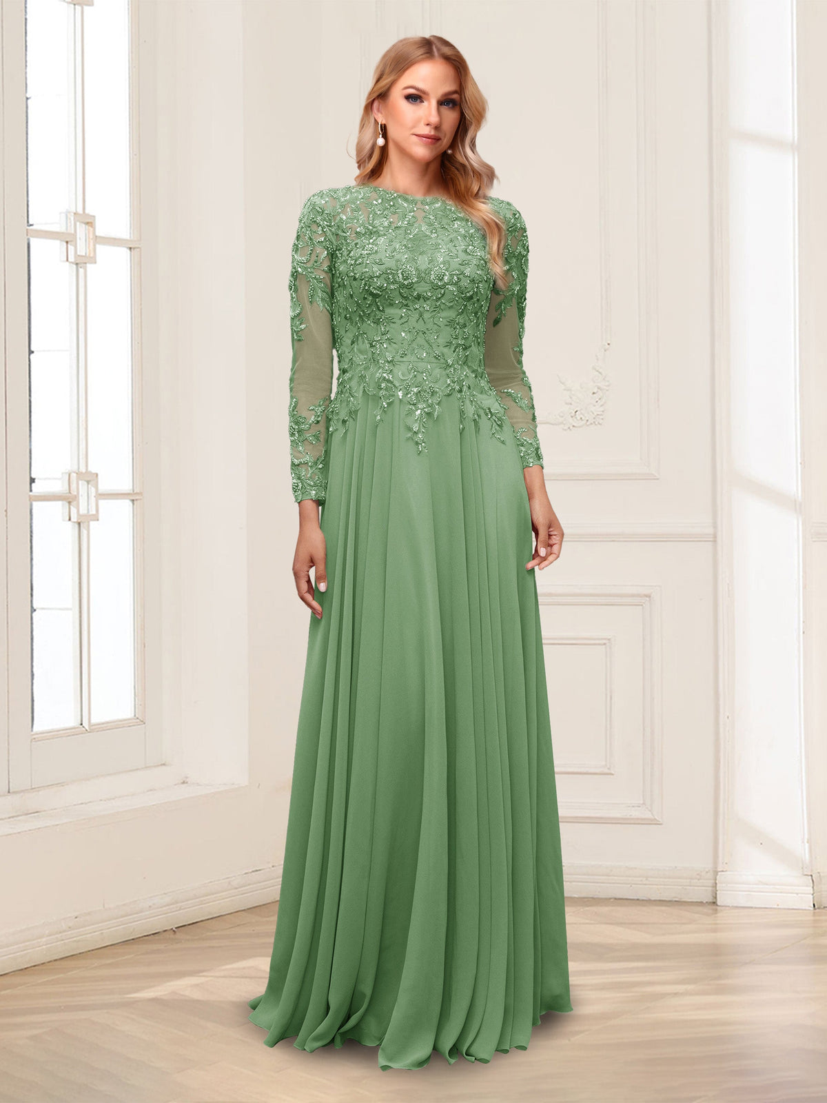 Ophelia Rue Sage Green front view mother of the bride dress