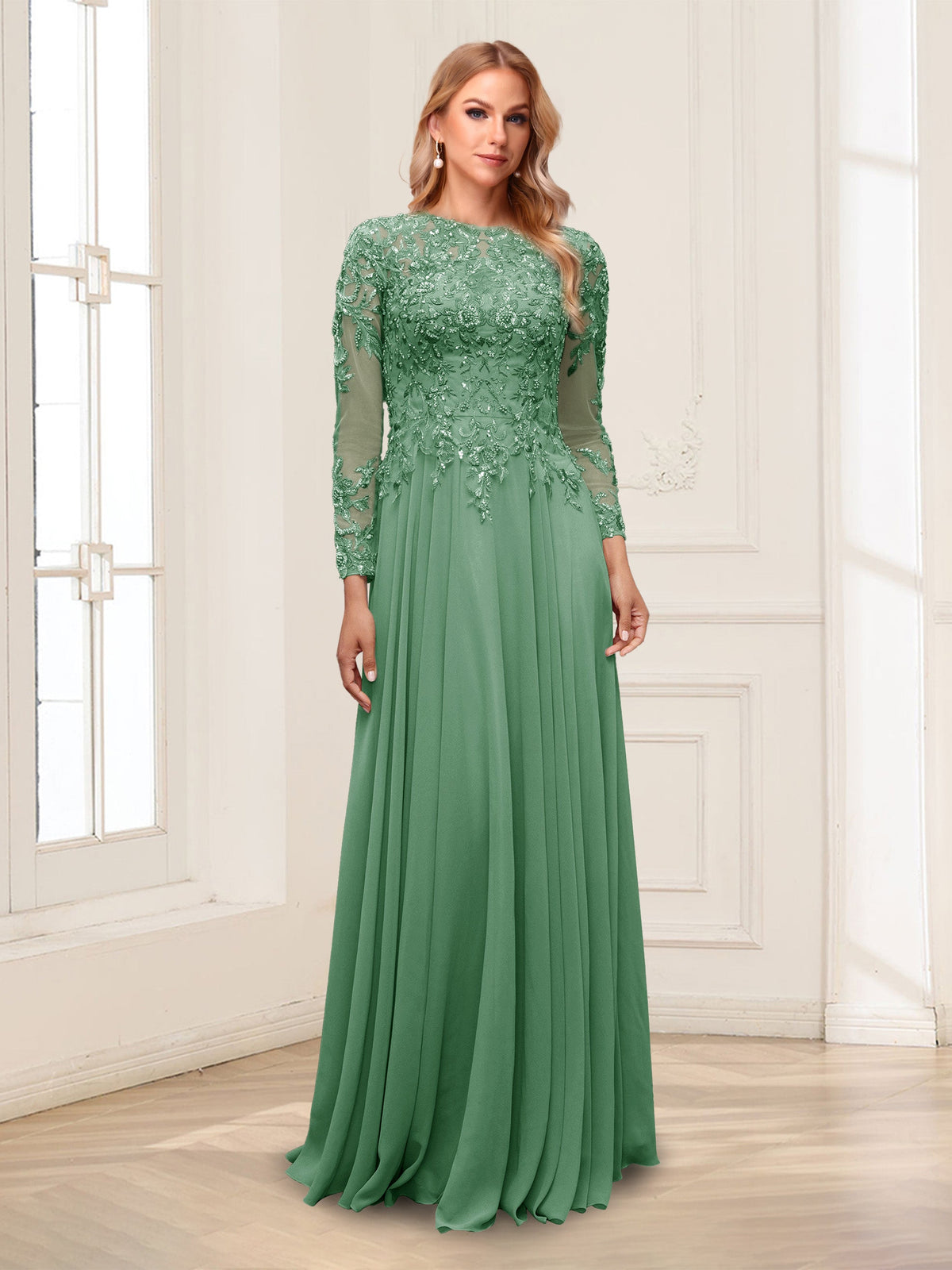 Ophelia Rue Eucalyptus front view mother of the bride dress