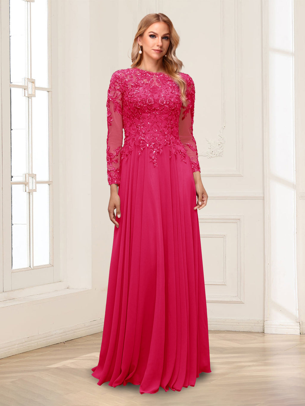Lorelei hot pink front view mother of the bride dress