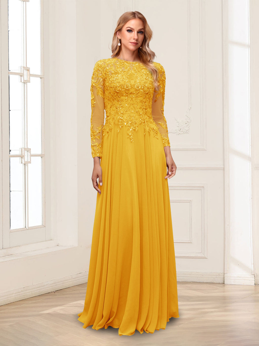 Lorelei gold front view mother of the bride dress