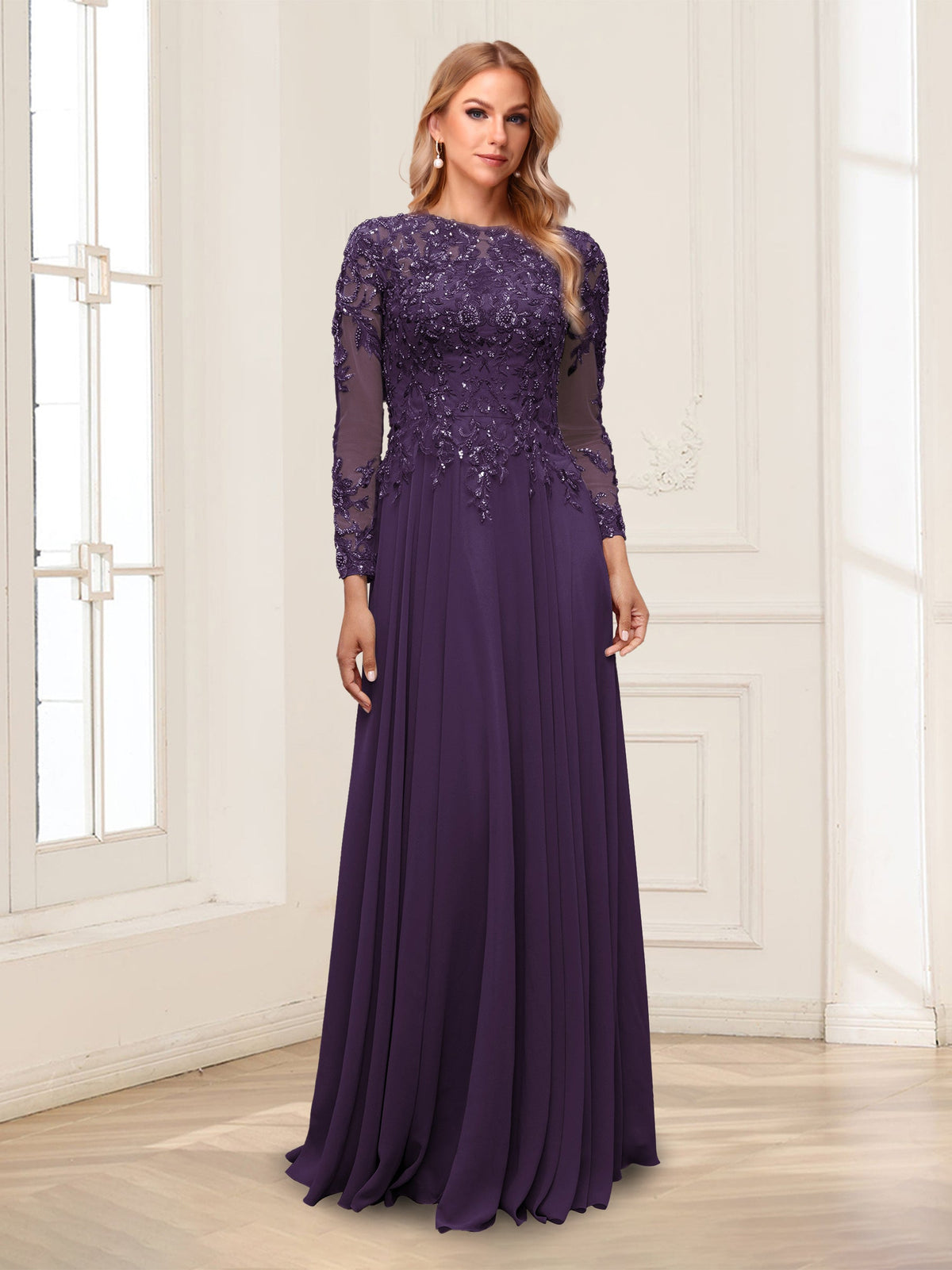 Lorelei grape front view mother of the bride dress