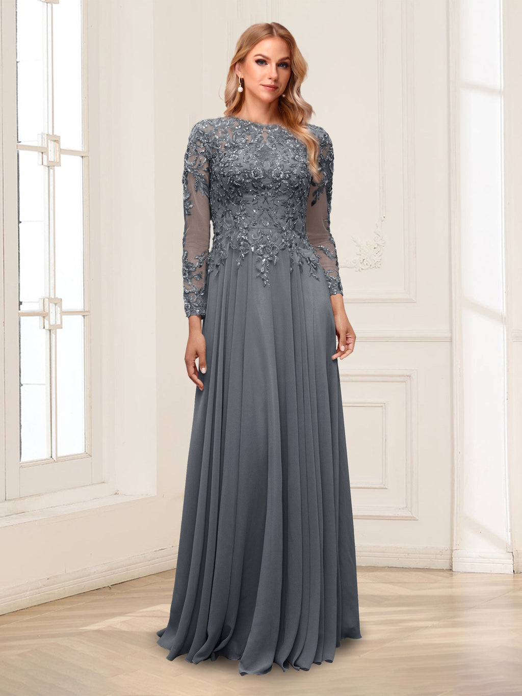 Ophelia Rue Grey front view mother of the bride dress