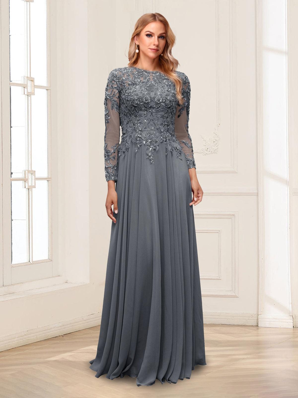 Ophelia Rue Grey front view mother of the bride dress