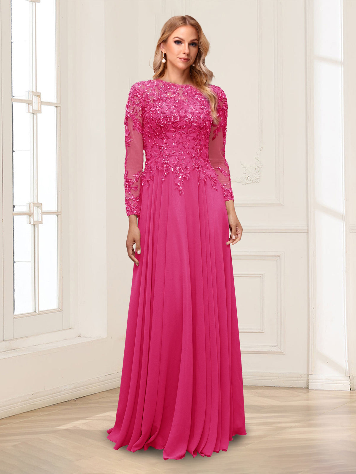 Ophelia Rue Hot Pink front view mother of the bride dress