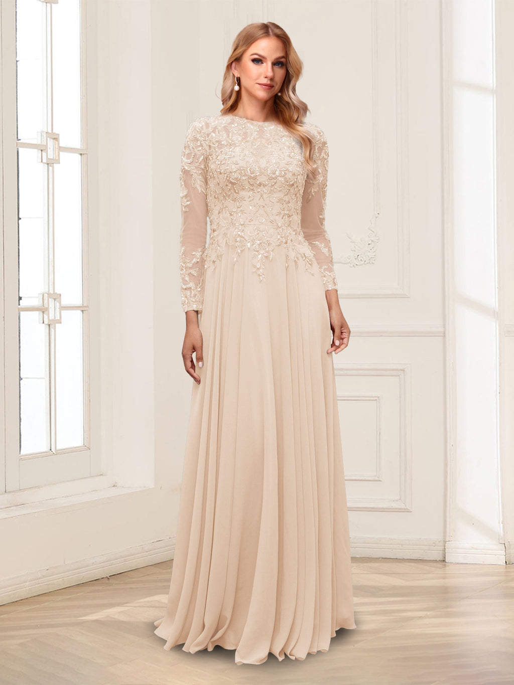 Lorelei champagne alternate front view 2 mother of the bride dress
