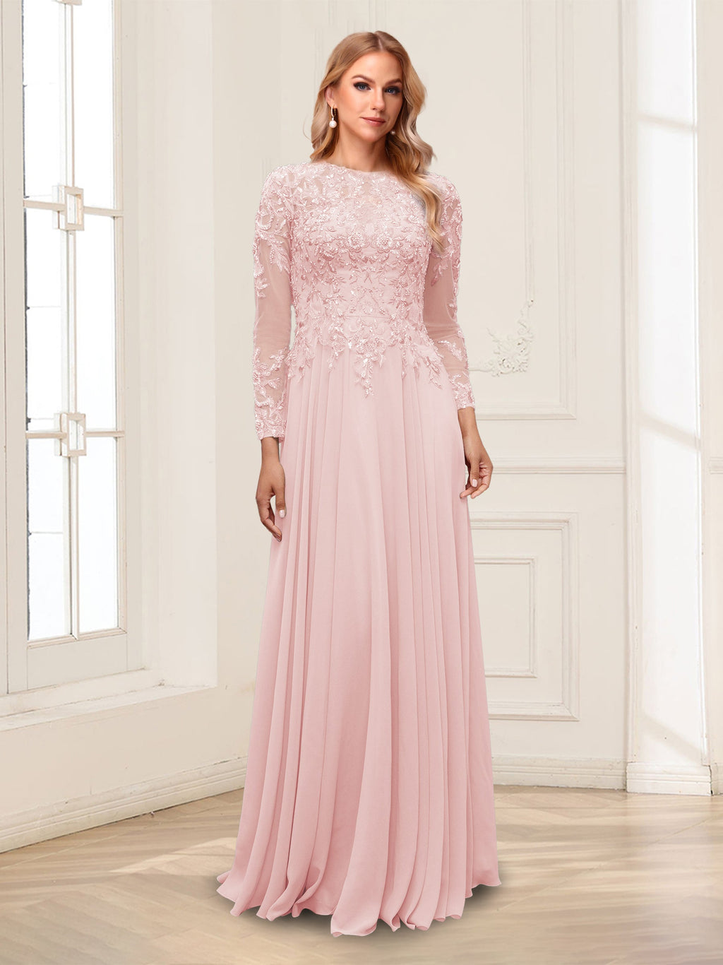 Lorelei pearl pink front view mother of the bride dress