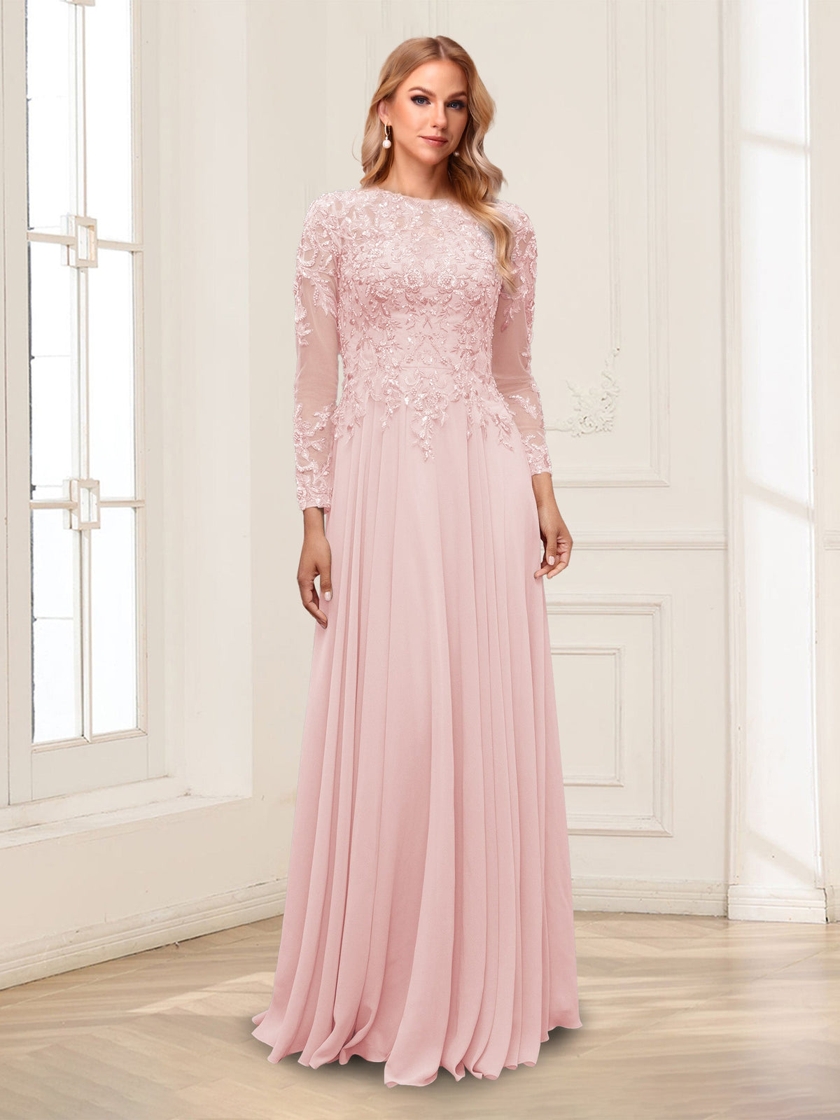 Ophelia Rue Pearl Pink front view mother of the bride dress