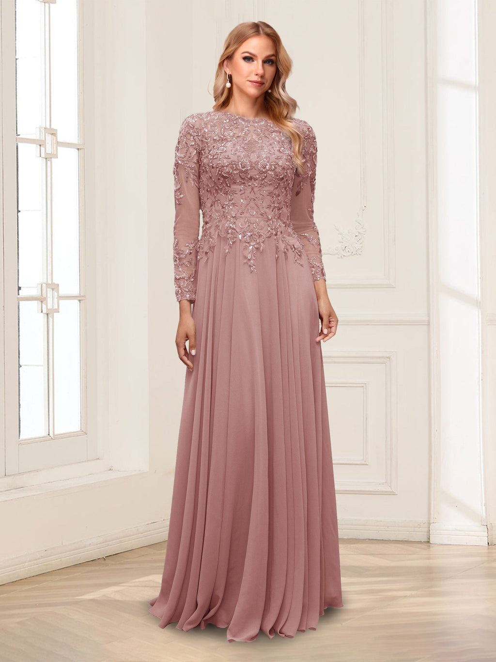 Ophelia Rue Mauve front view mother of the bride dress