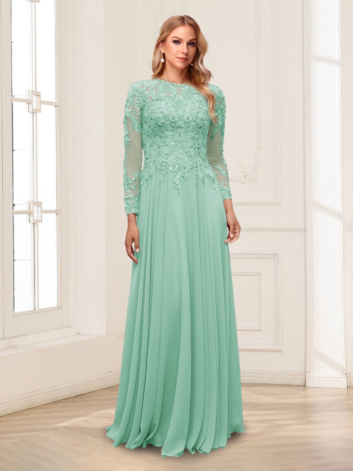 Lorelei mint green front view mother of the bride dress