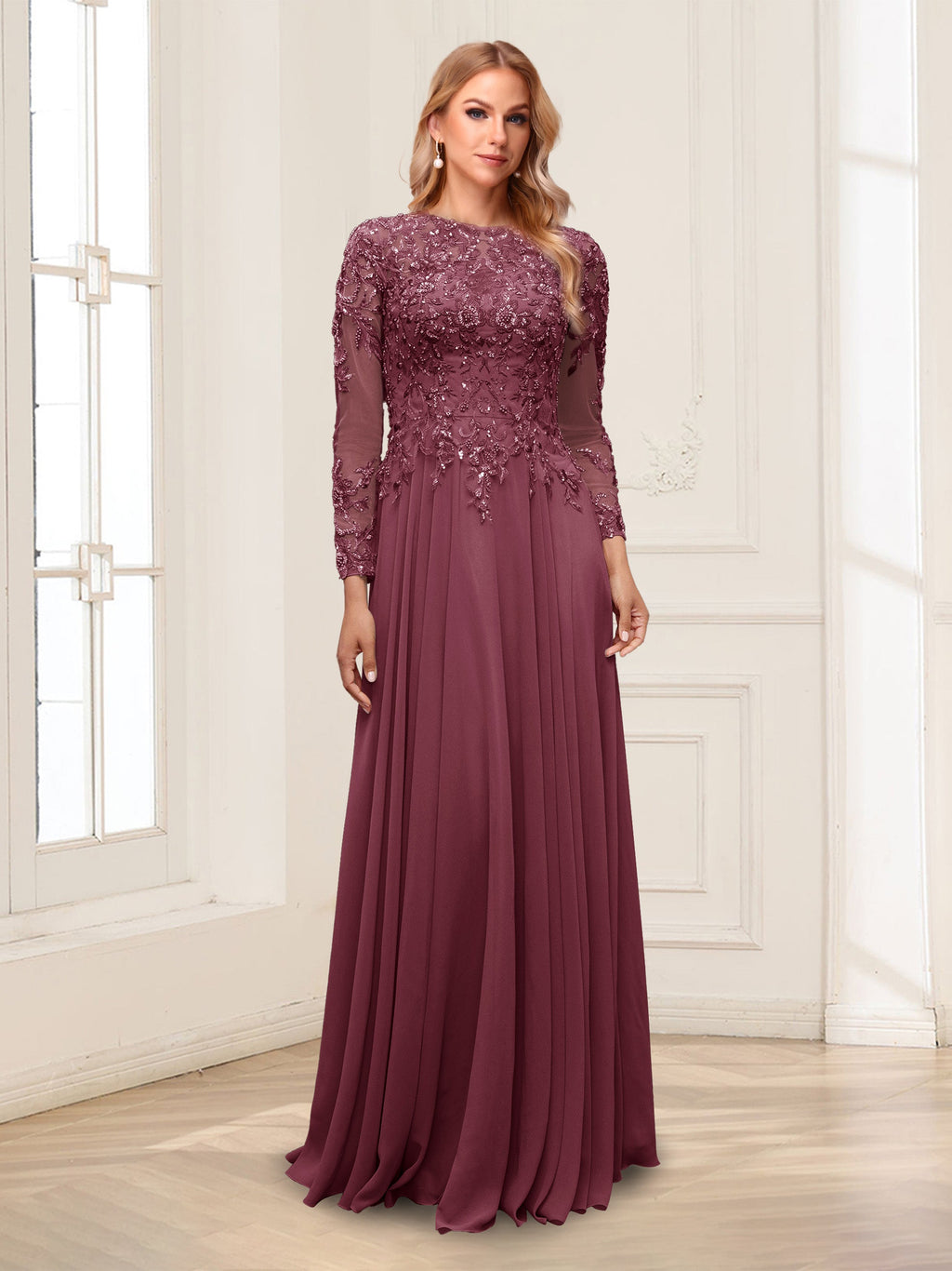 Ophelia Rue Plum front view mother of the bride dress
