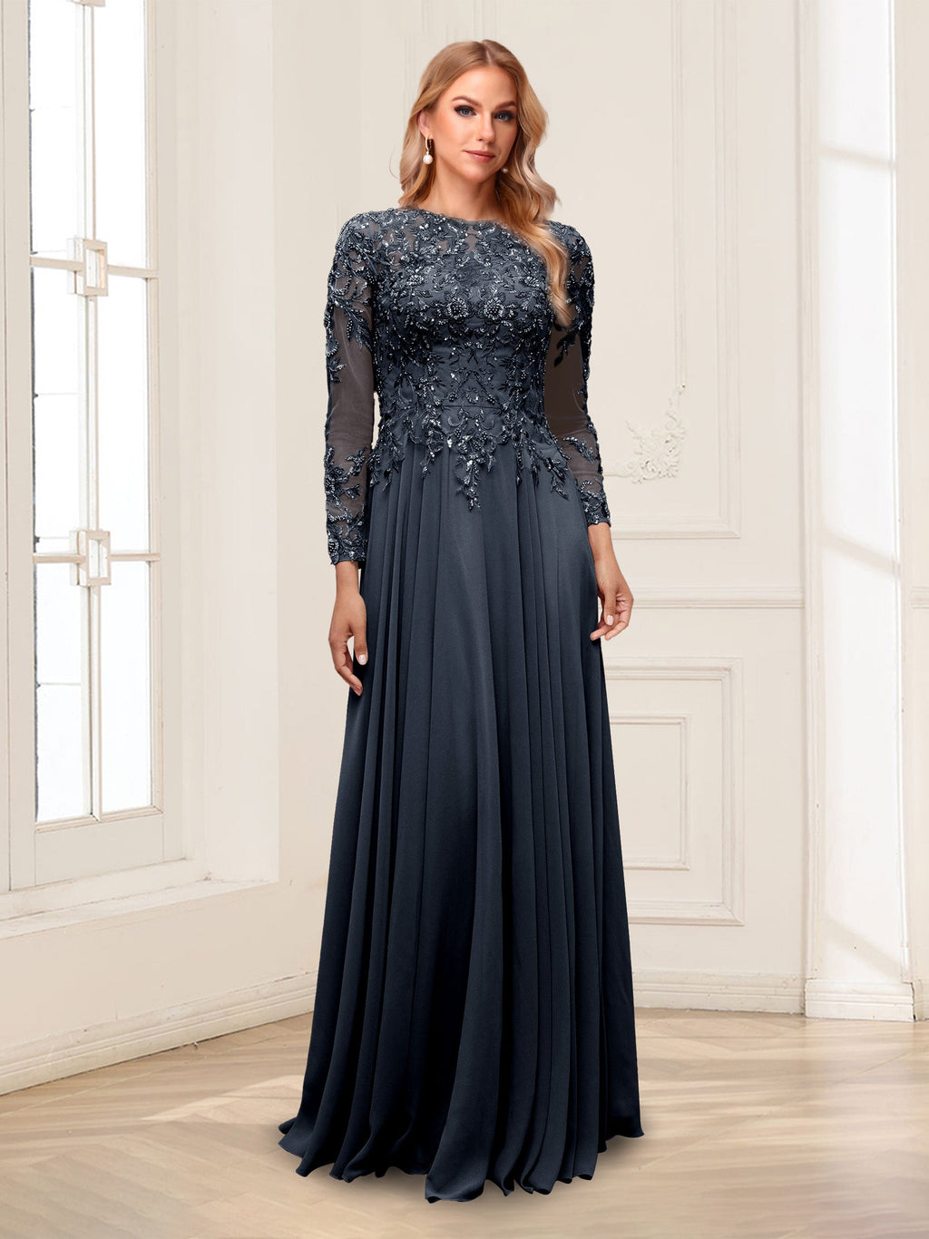 Ophelia Rue Navy Blue front view mother of the bride dress