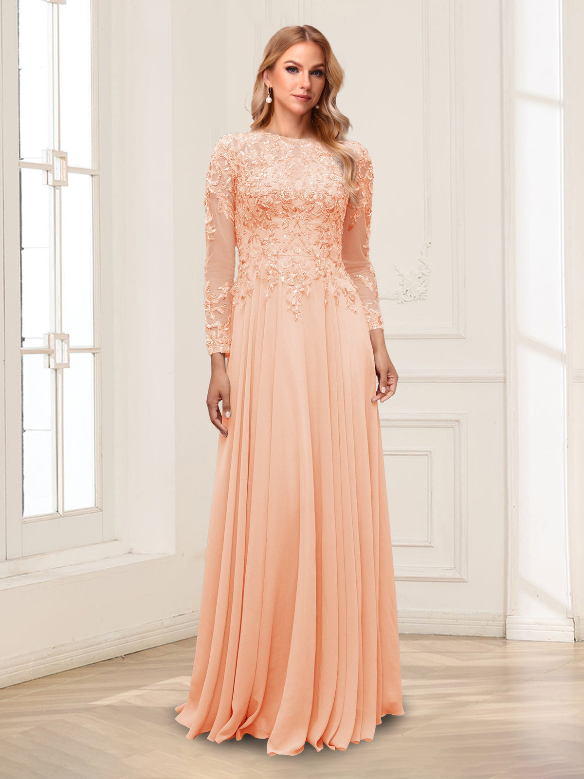 Ophelia Rue Peach front view mother of the bride dress
