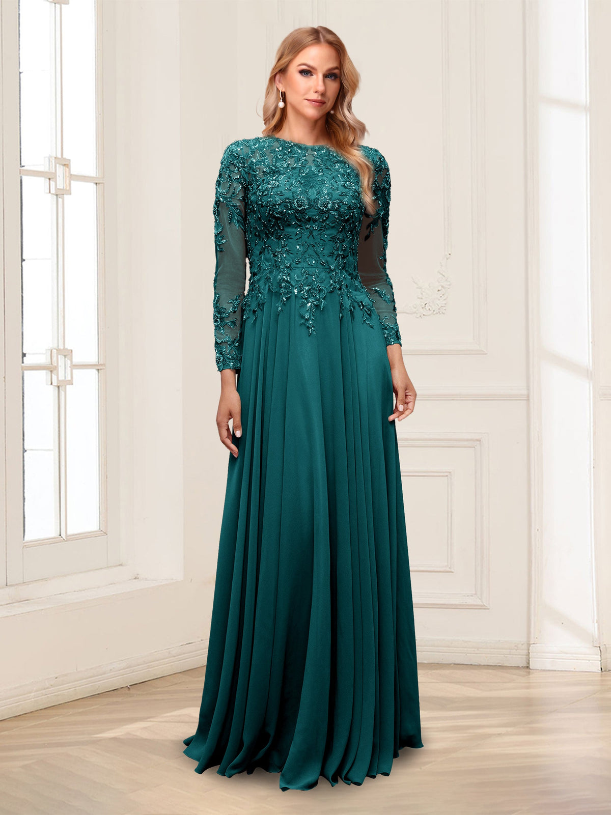 Lorelei peacock front view mother of the bride dress