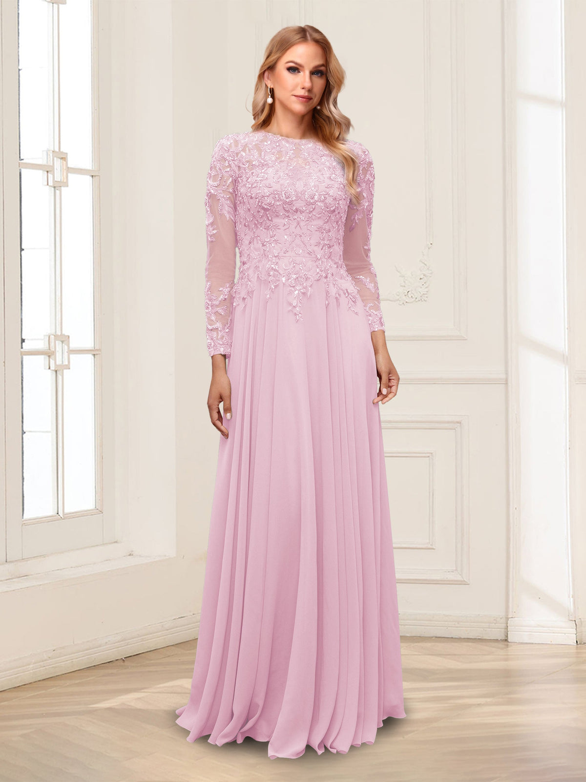 Lorelei rose pink front view mother of the bride dress