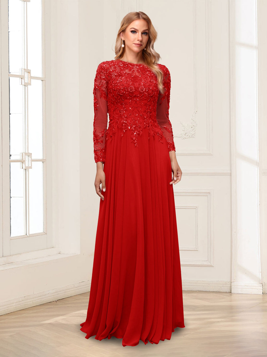 Lorelei red front view mother of the bride dress