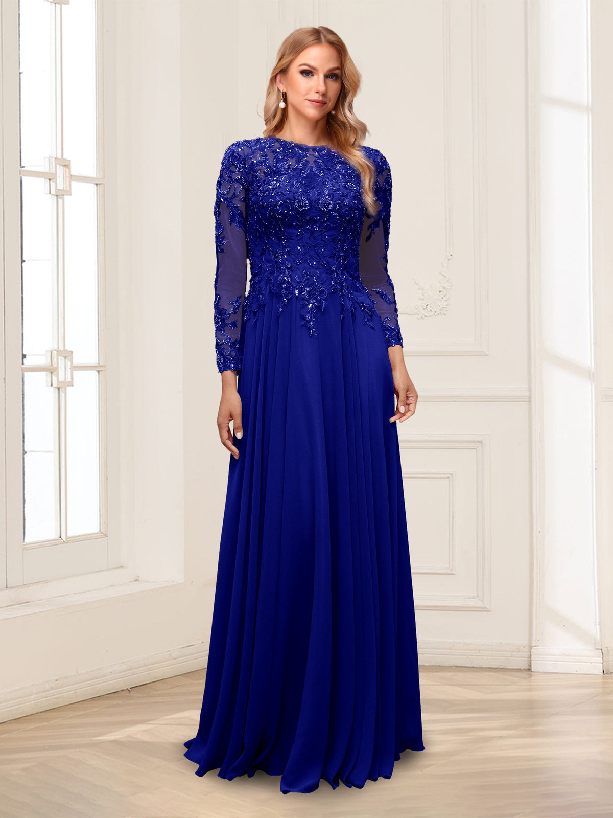 Ophelia Rue Royal Blue side view mother of the bride dress