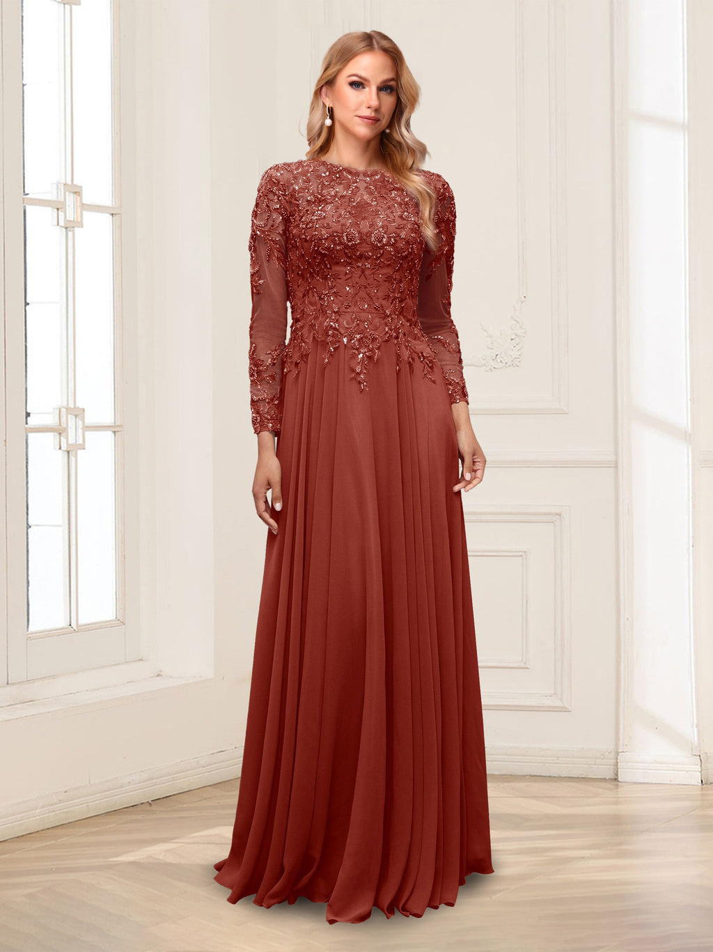 Ophelia Rue Rust front view mother of the bride dress