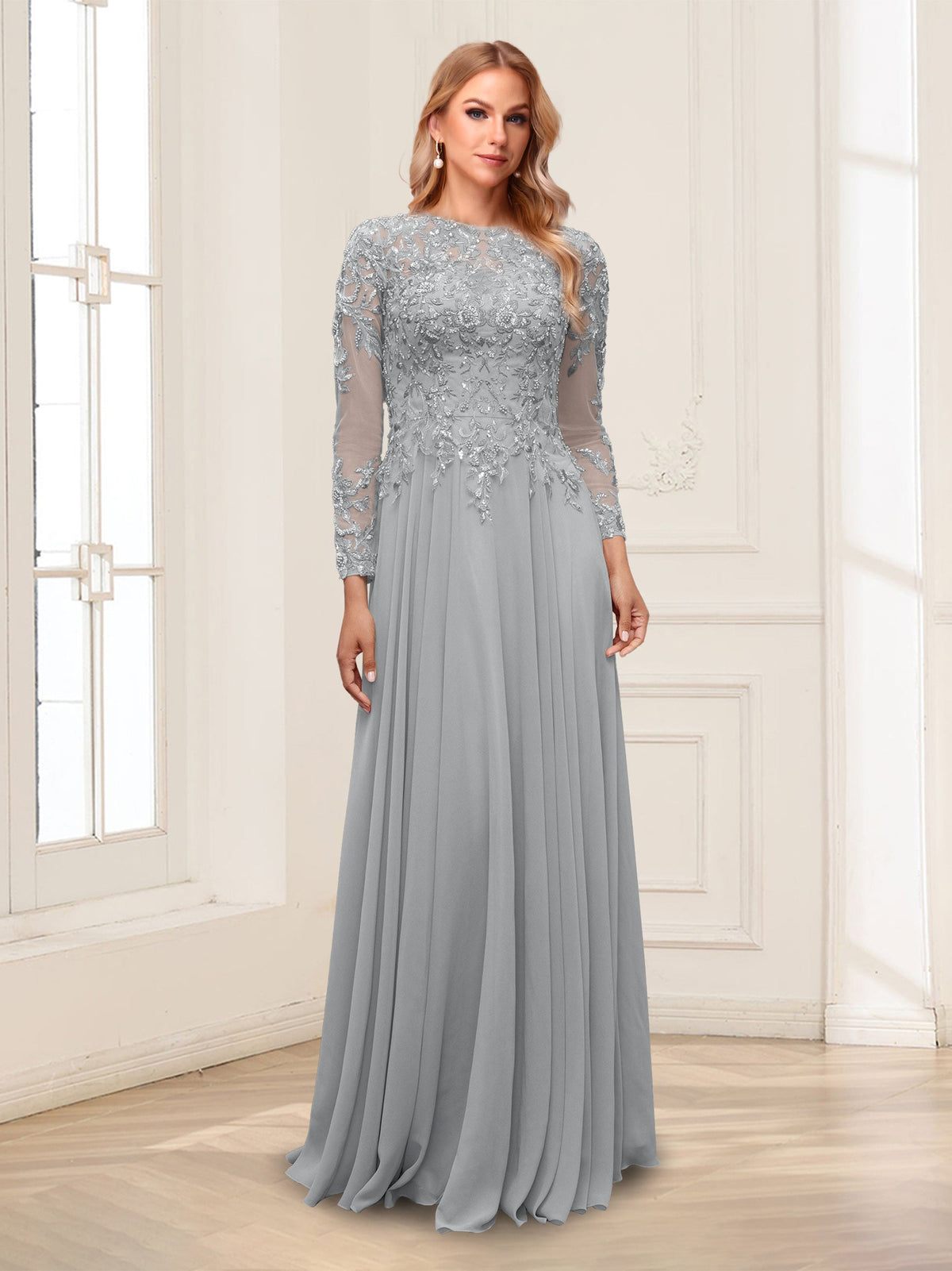 Lorelei silver front view mother of the bride dress