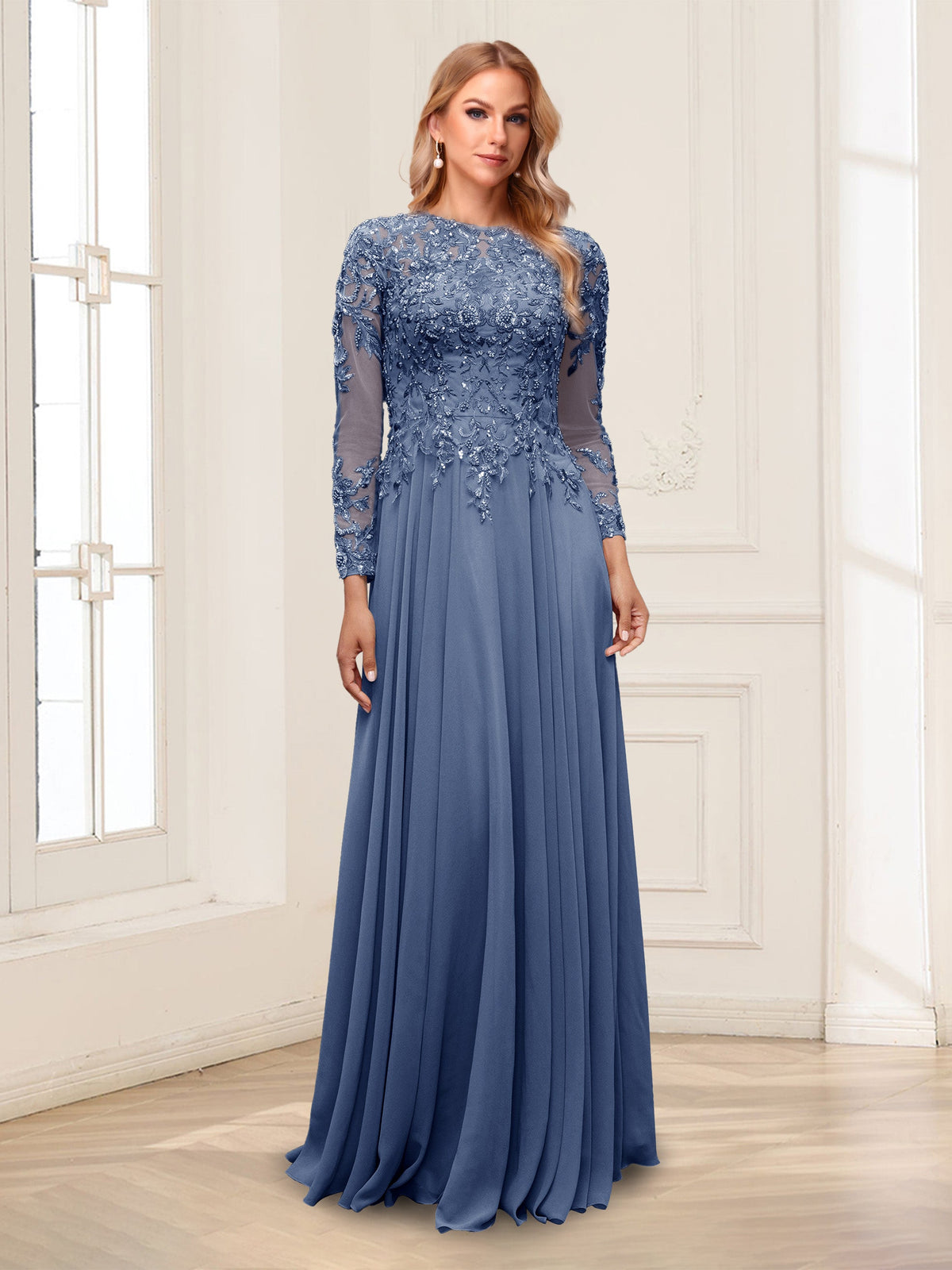 Ophelia Rue Steel Blue front view mother of the bride dress