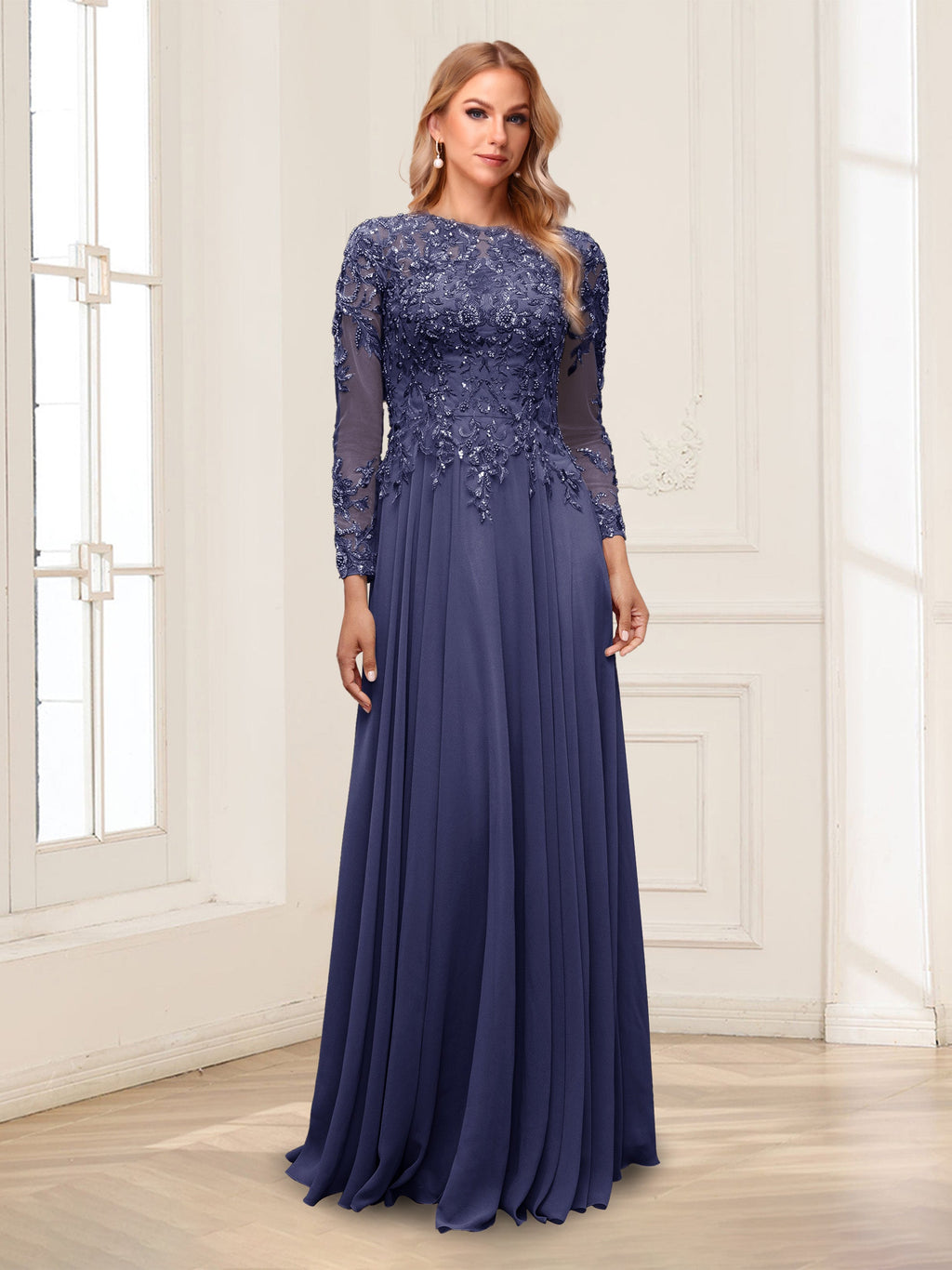 Ophelia Rue Dusty Blue back view mother of the bride dress
