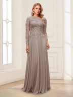 Lorelei taupe front view mother of the bride dress