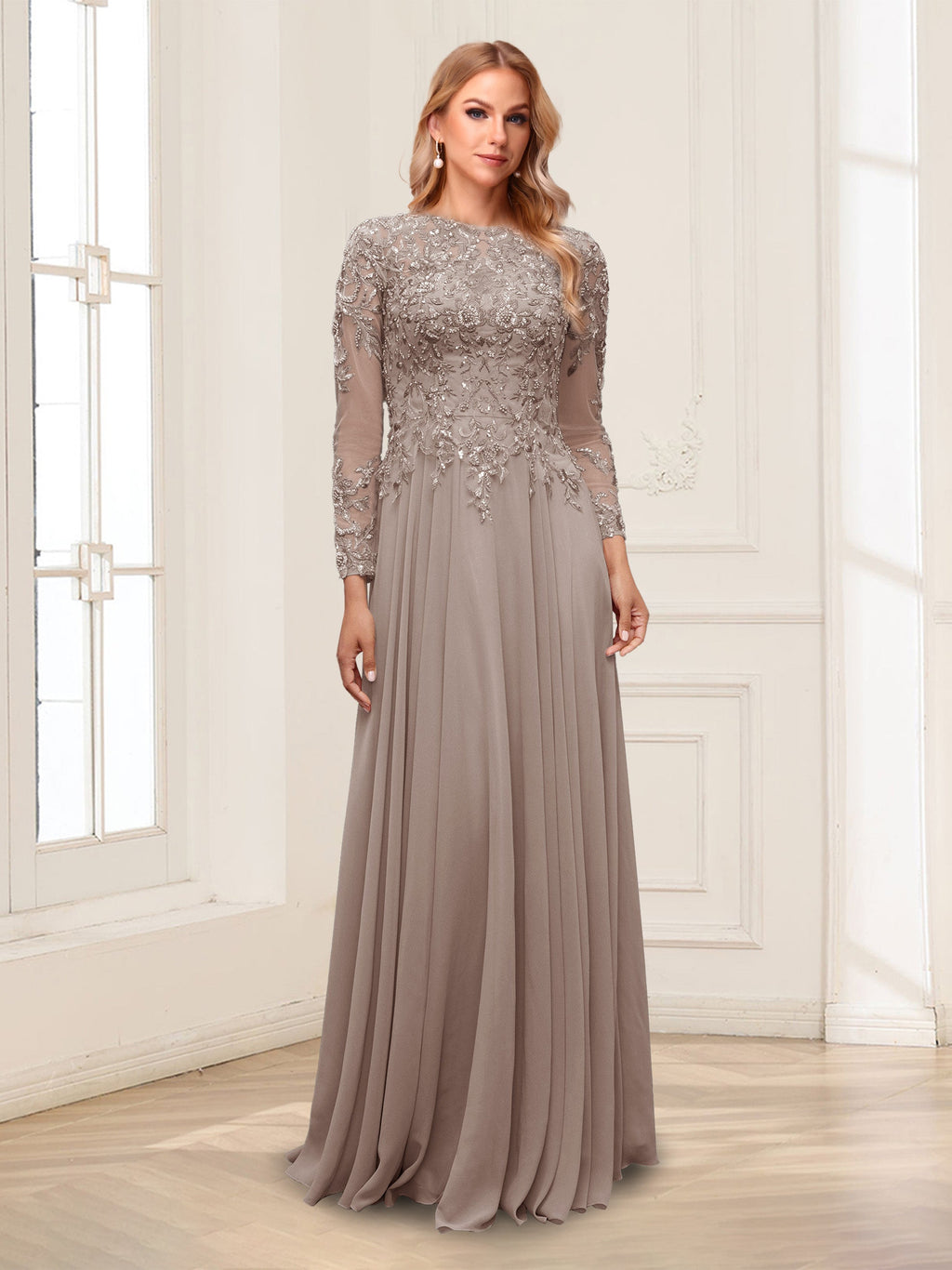 Ophelia Rue Taupe front view mother of the bride dress
