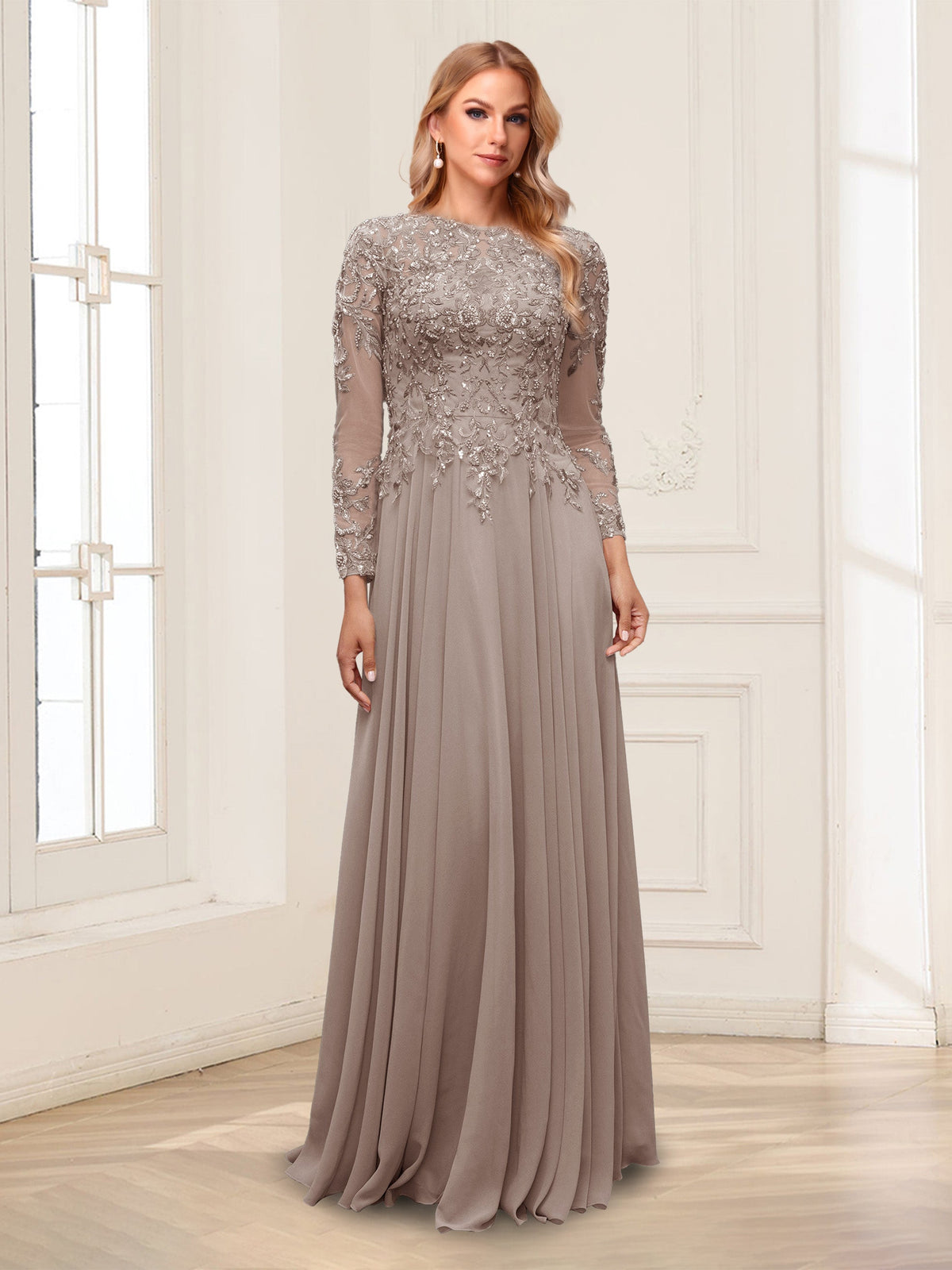 Ophelia Rue Taupe front view mother of the bride dress