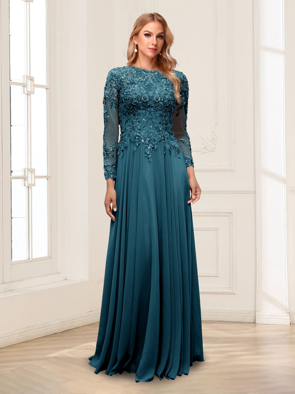 Ophelia Rue Teal front view mother of the bride dress