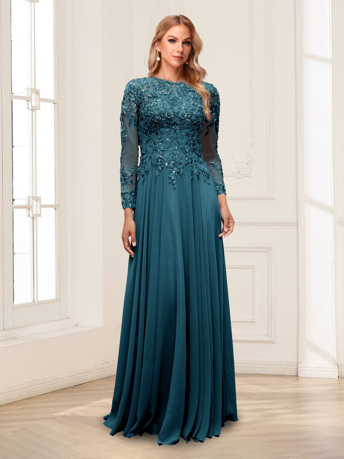 Ophelia Rue Teal front view mother of the bride dress