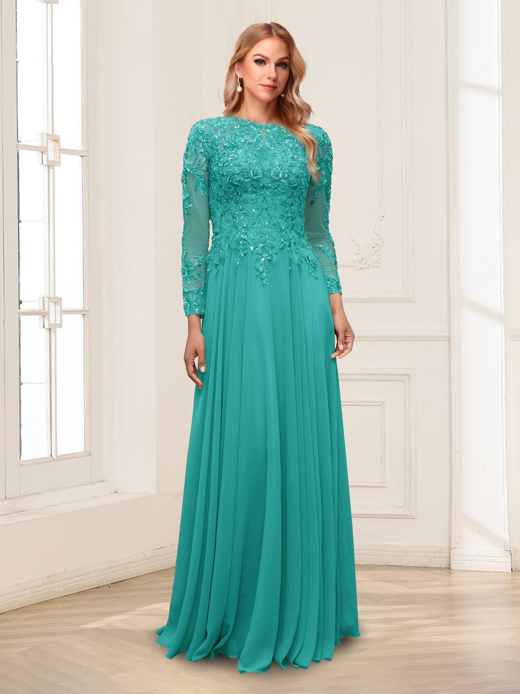 Lorelei turquoise front view mother of the bride dress