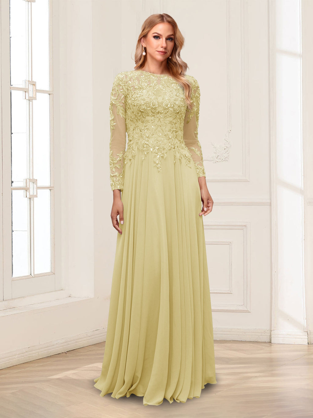 Lorelei yellow front view mother of the bride dress