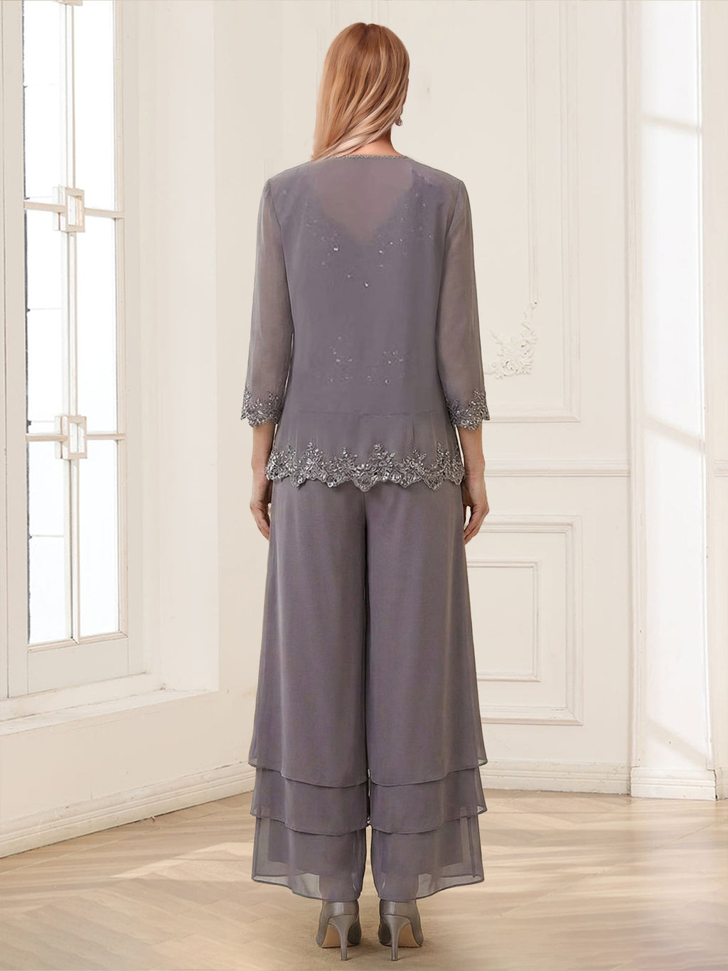 Mila Elise Steel Grey back view mother of the bride dress