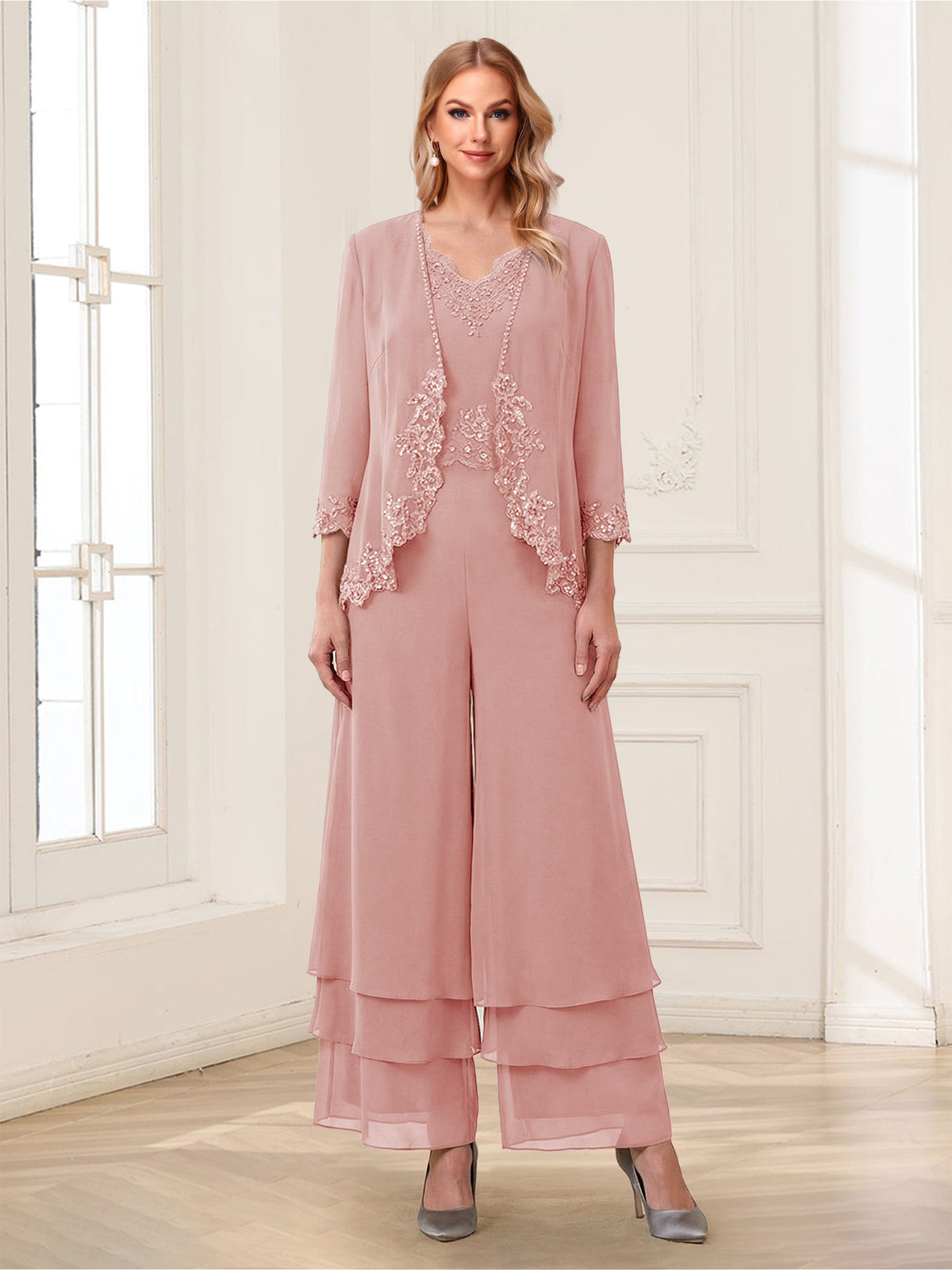 Mila Elise Dusty Rose back view mother of the bride dress
