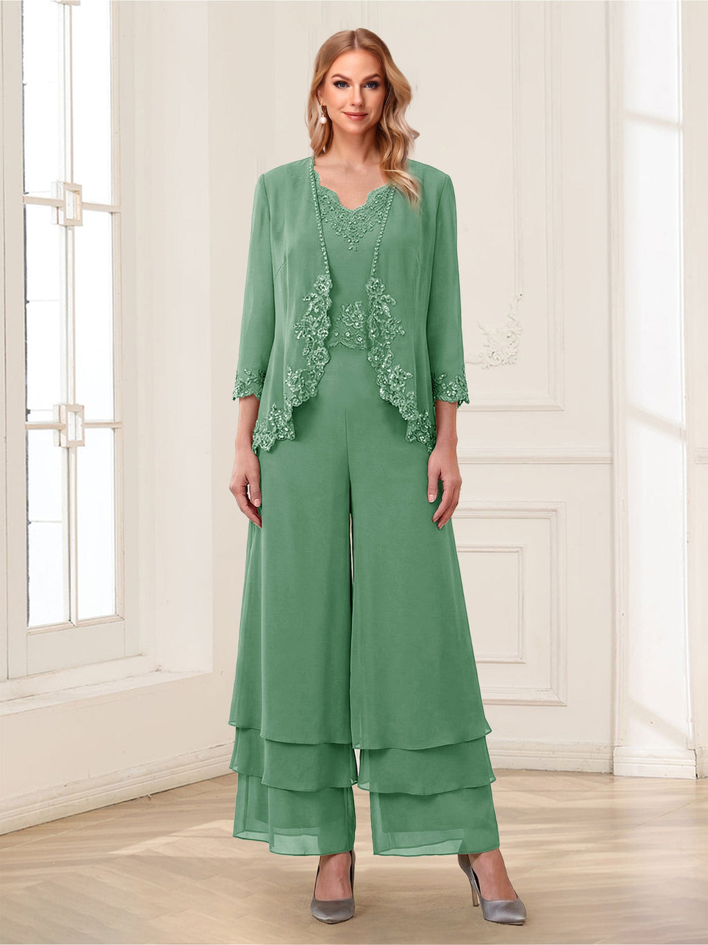 Mila Elise Eucalyptus front view mother of the bride dress