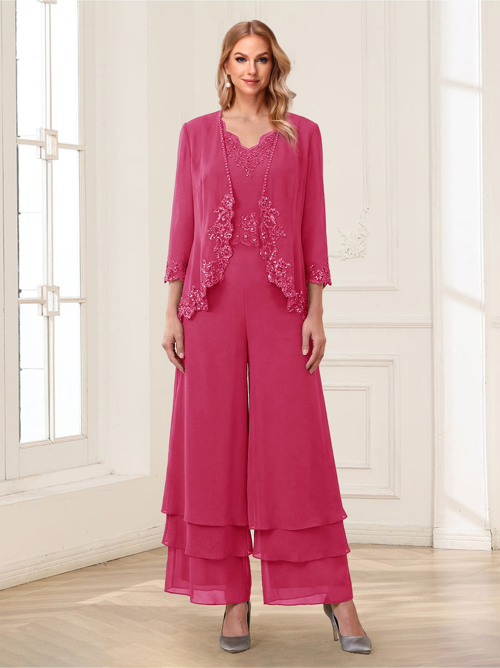 Mila Elise Fuchsia front view mother of the bride dress