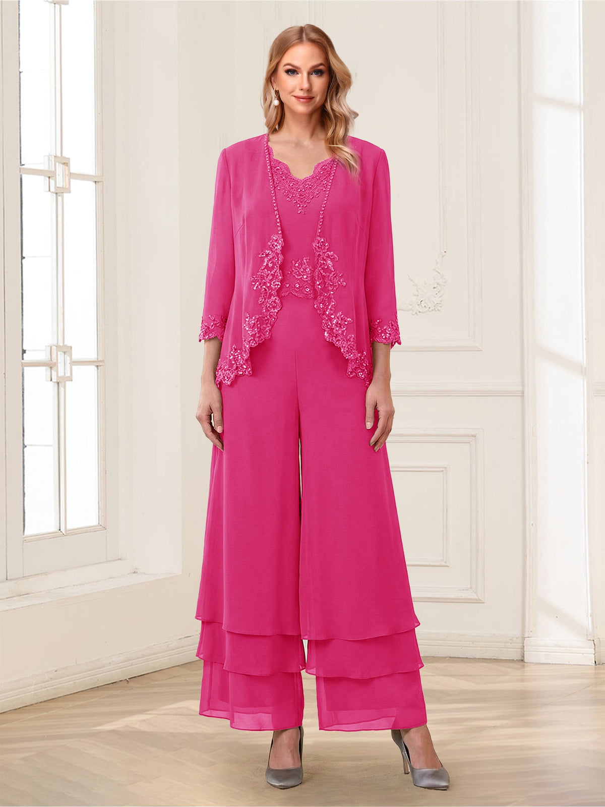 Mila Elise Hot Pink front view mother of the bride dress