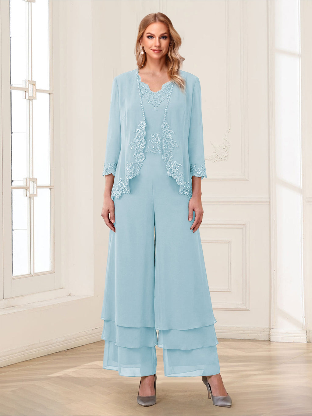 Mila Elise Sky Blue front view mother of the bride dress