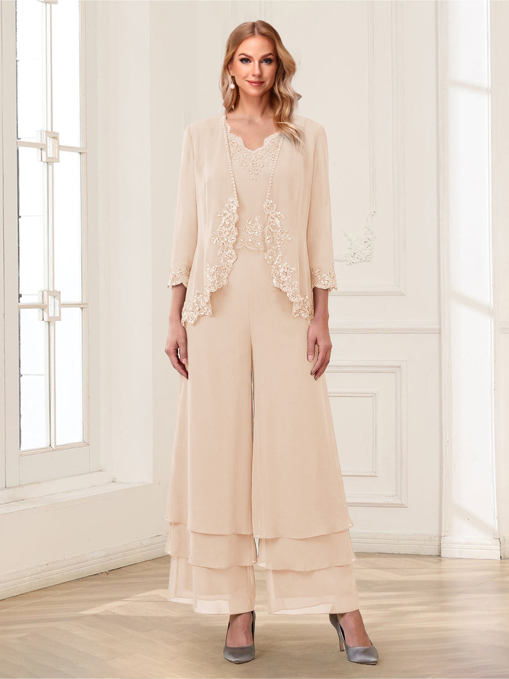 Mila Elise Champagne back view mother of the bride dress