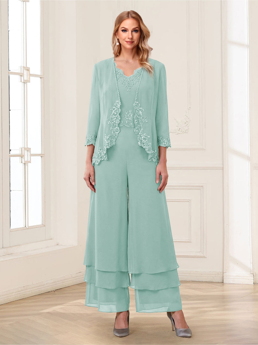 Mila Elise Pool Blue front view mother of the bride dress