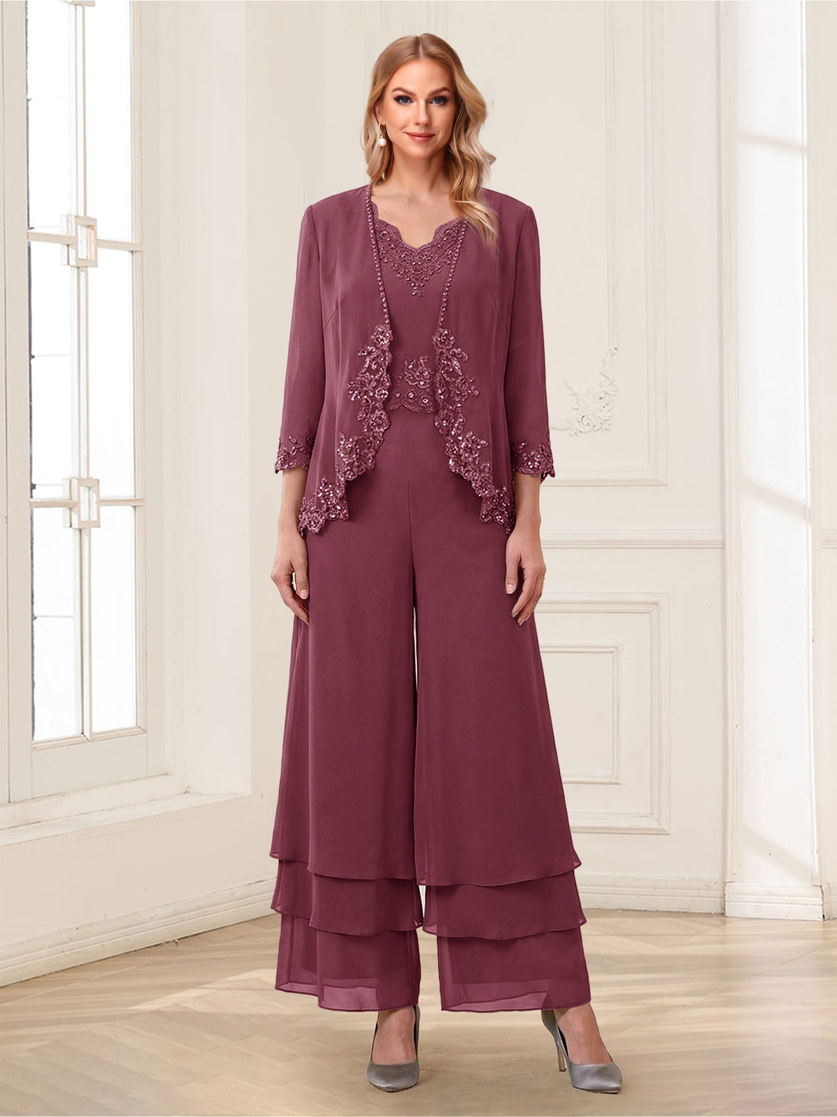 Mila Elise Plum front view mother of the bride dress