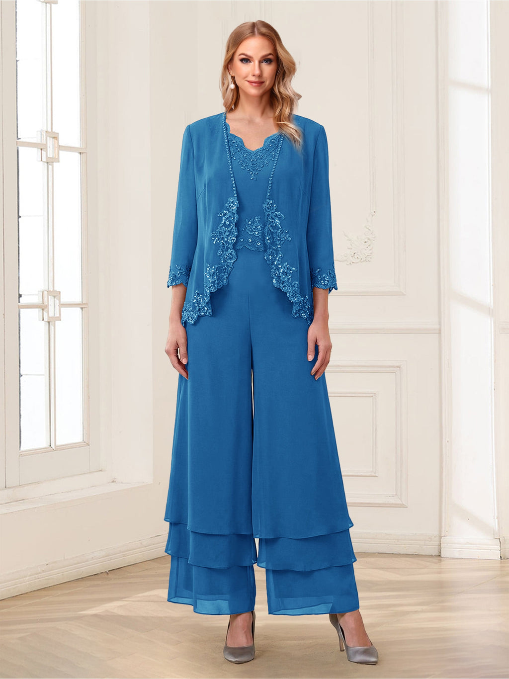 Mila Elise Ocean Blue front view mother of the bride dress